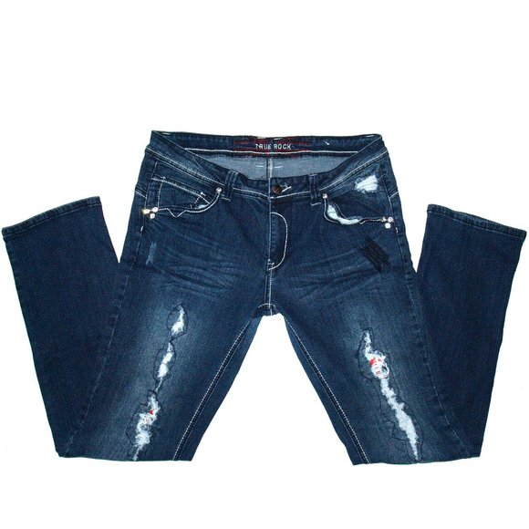 TRUE ROCK Mid-Rise Blue Jeans Size 17/18 Embellished Distressed Patched (34X30) - Picture 4 of 14